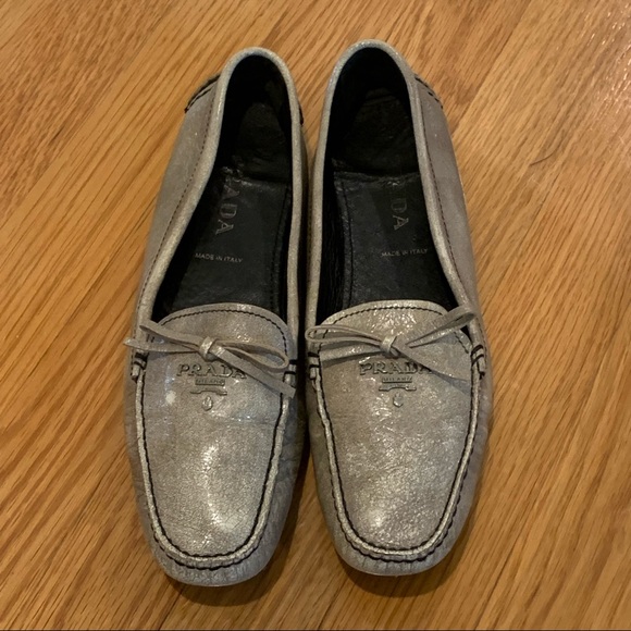 Prada Metallic Bow Driving Loafers Flats 37 - Picture 3 of 14
